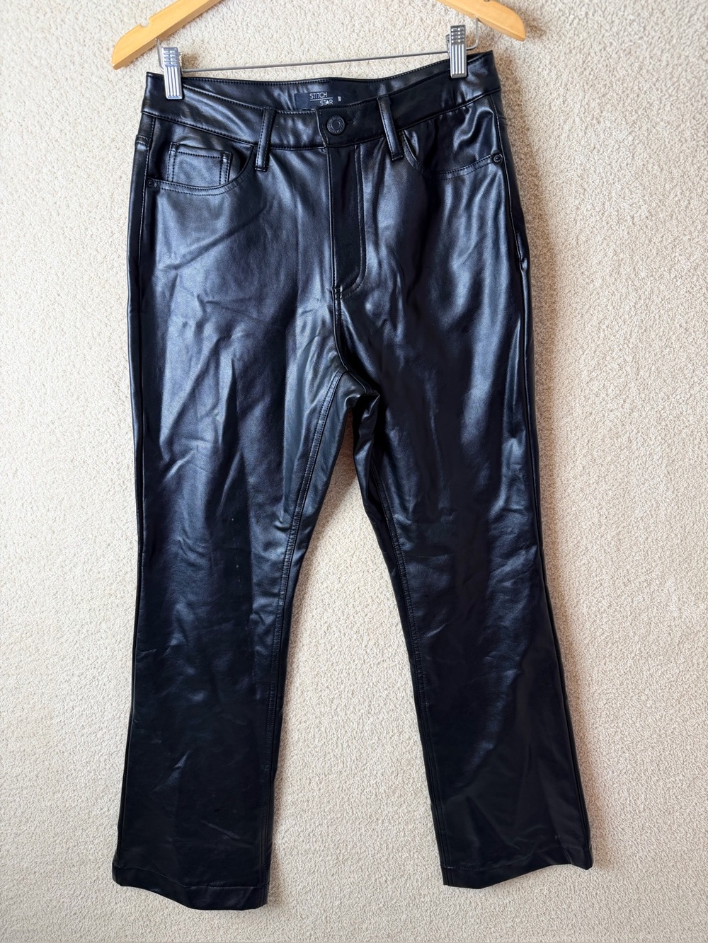 Stitch Star Black Faux Leather Straight Leg High Rise Pants Size 10